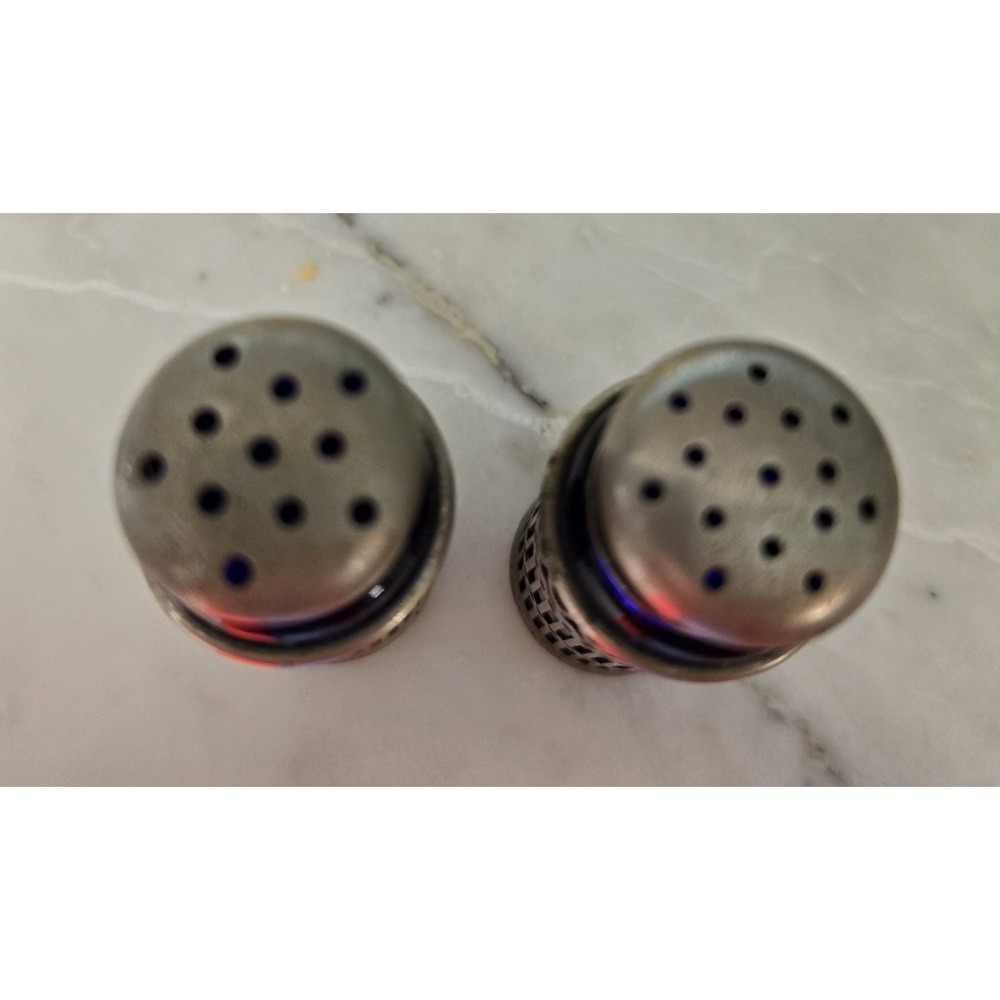 Vintage Salt & Pepper Art Deco Cobalt Blue Glass With A Silver Lattice Design - Picture 2 of 6